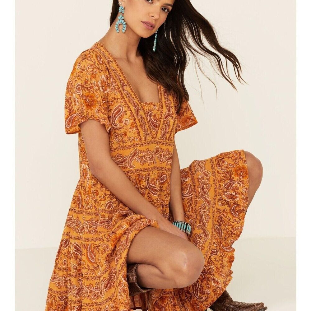 PATRONS OF PEACE Anthro Toluca Border Orange Yellow Paisley Tiered Dress Tunic M